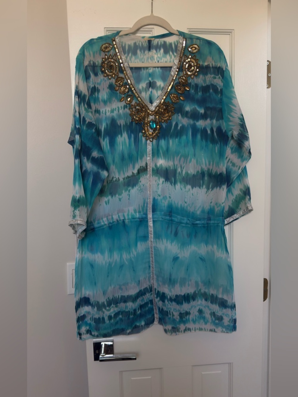 Embellished Blue Beaded Swim Coverup L - Picture 3 of 12